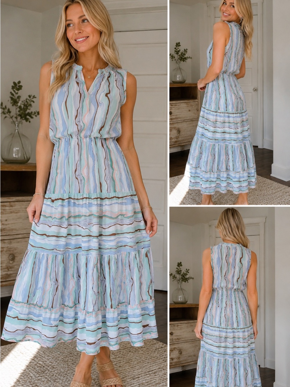 Vernacular Abstract Stripe Sleeveless Tiered Midi Dress Large Blue 54620
